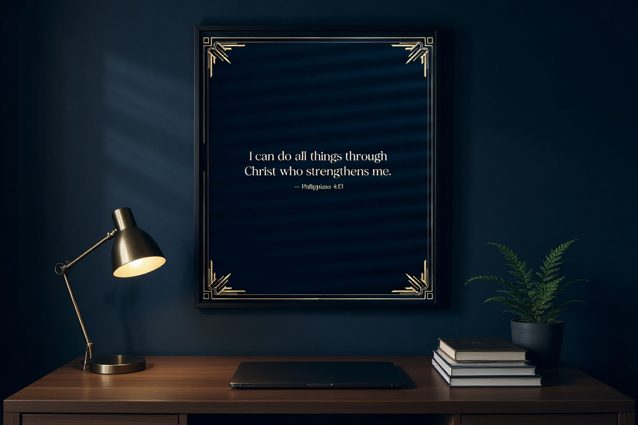 Framed scripture poster in a home office