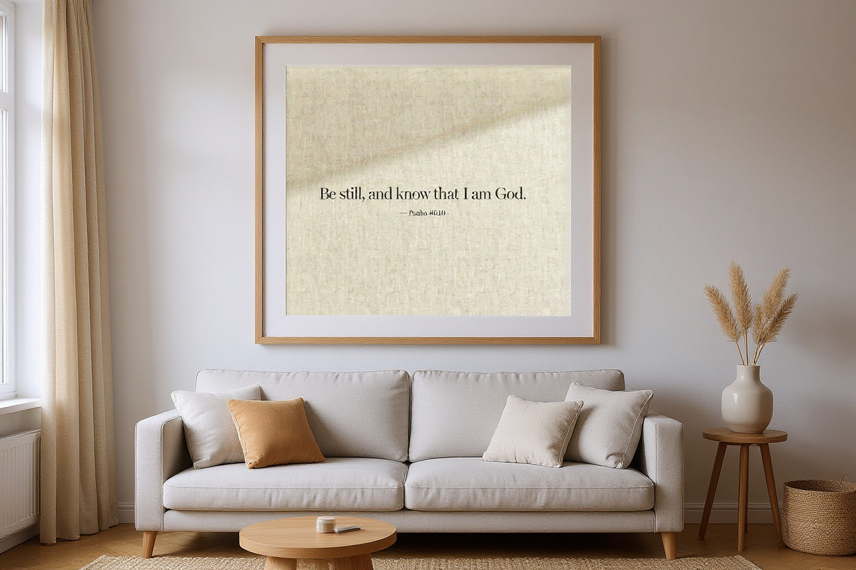 Framed scripture poster in a living room