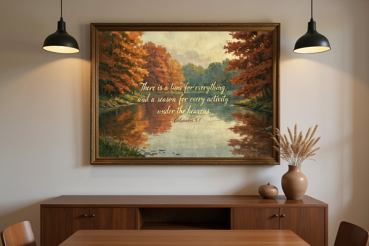 Framed scripture poster in a dining room