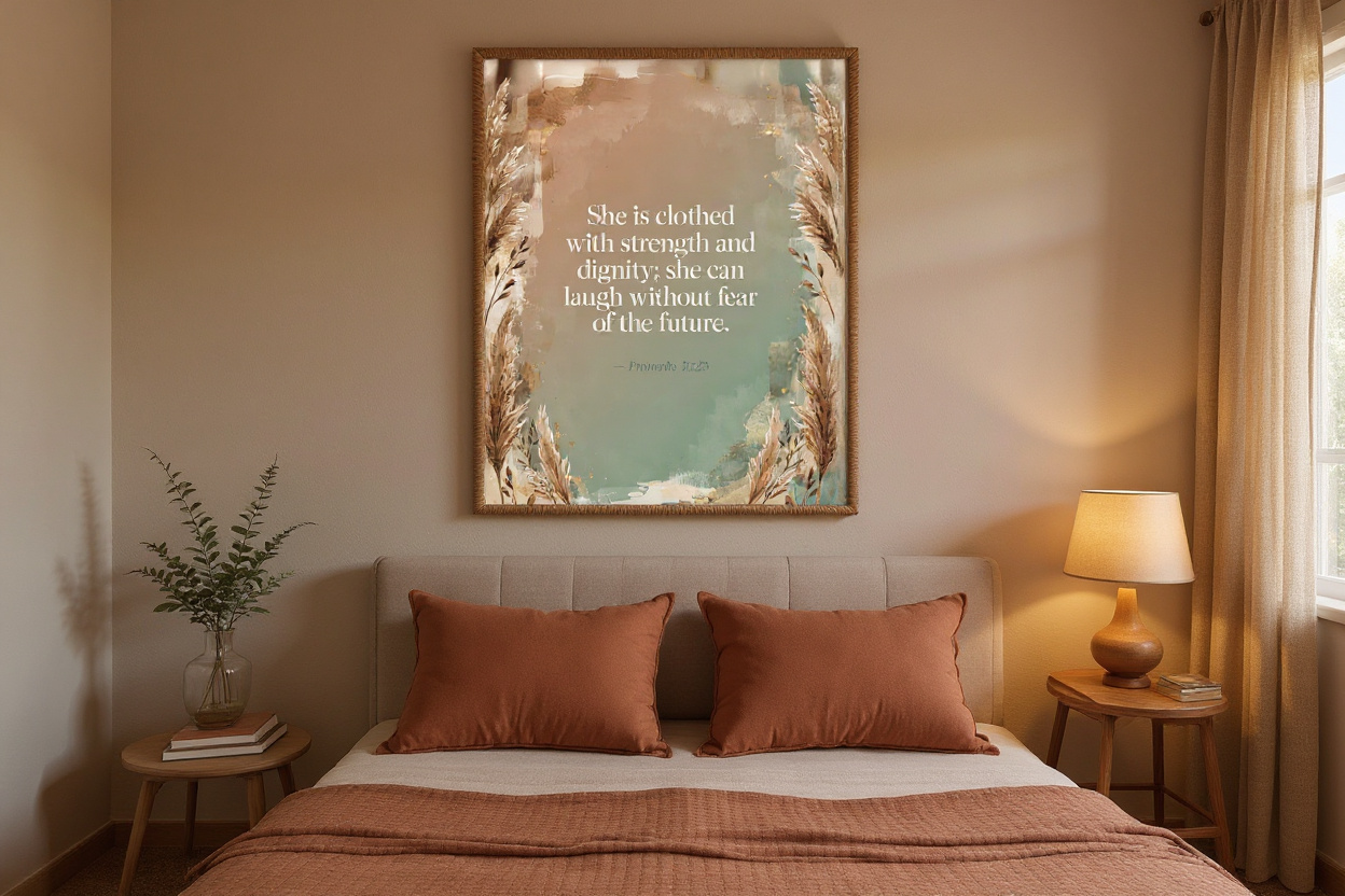 Framed scripture poster in a bedroom
